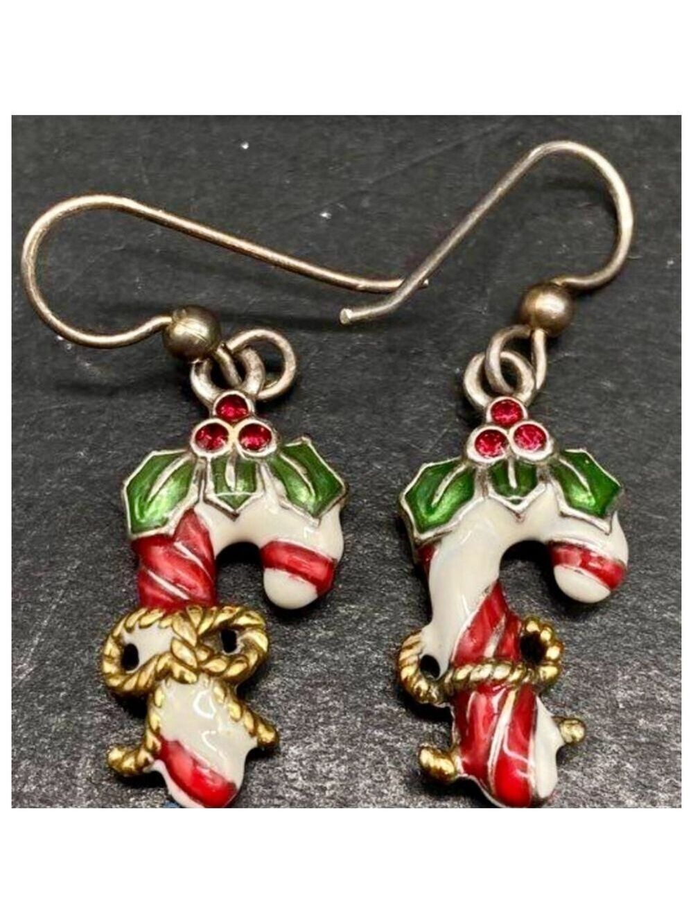 Candy Cane Christmas Dangle Earrings Red Green Gold Enamel Holiday Jewelry